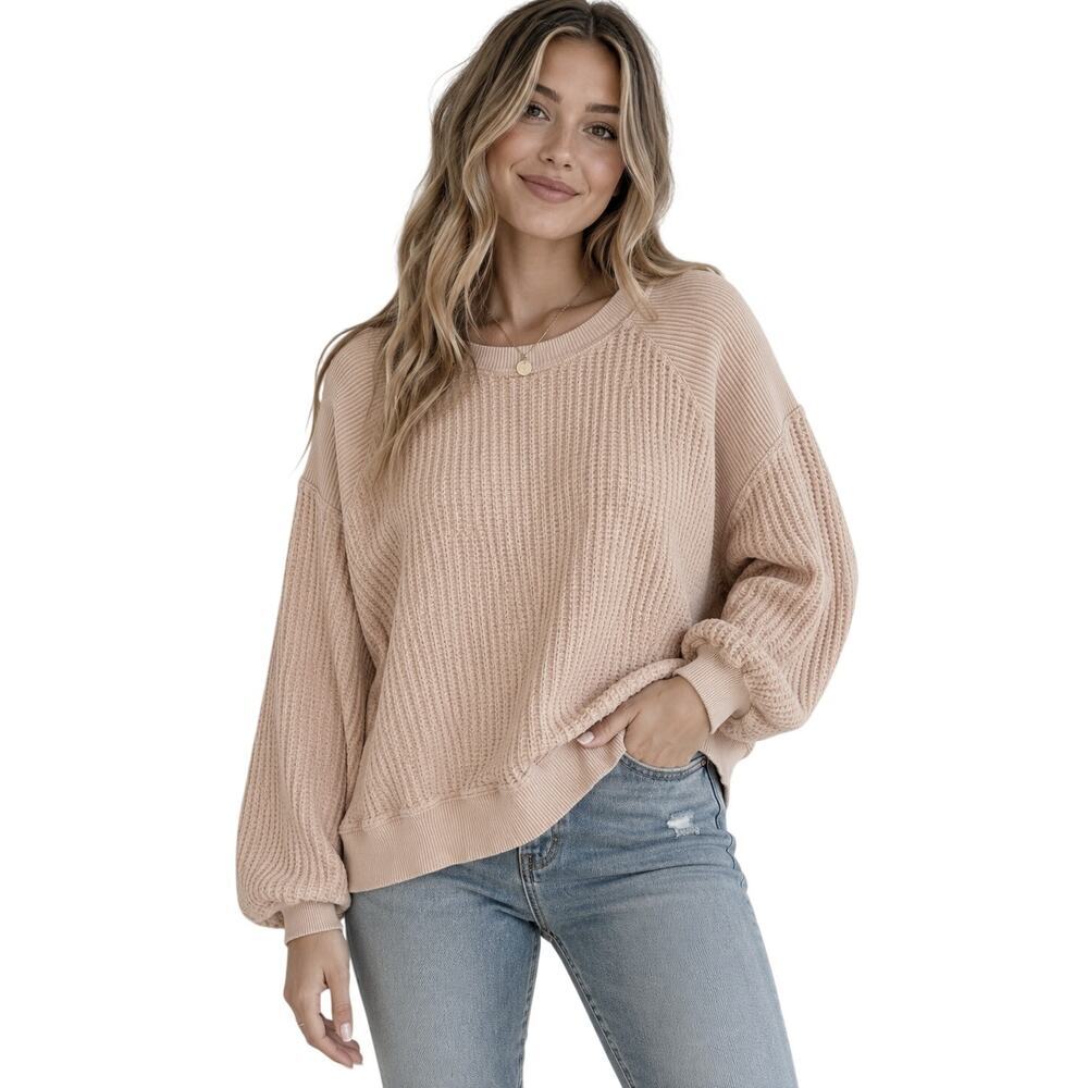 Farmers Market Dusty Peach Taupe Waffle Knit Sweatshirt L Cozy Neutral Boho